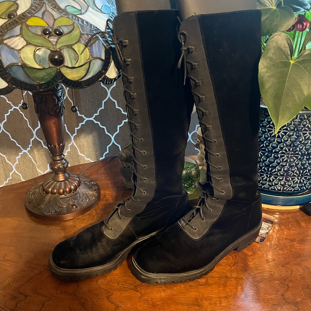 Calvin Klein Collection Black velvet Lace-Up Moto Boots